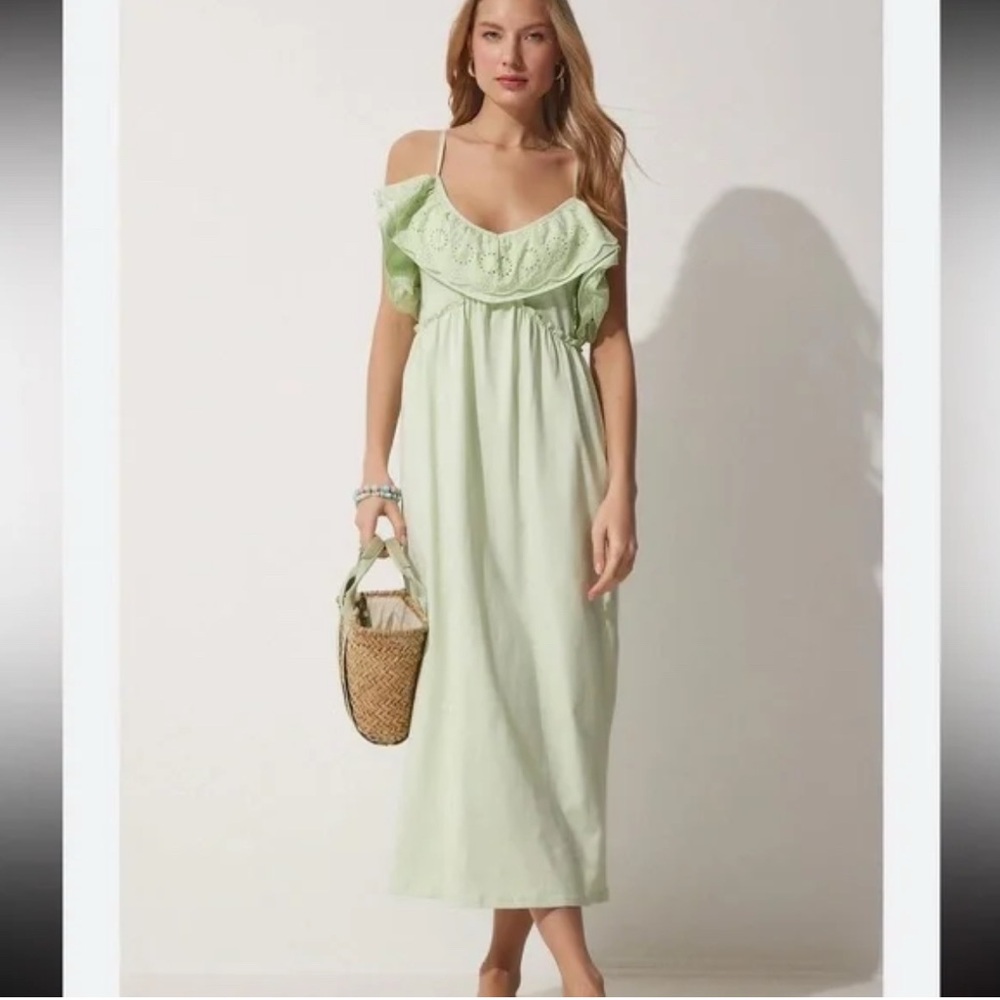 NWT Zara Mint Light Green Lace Eyelet Sleeveless Midi Dress Size L